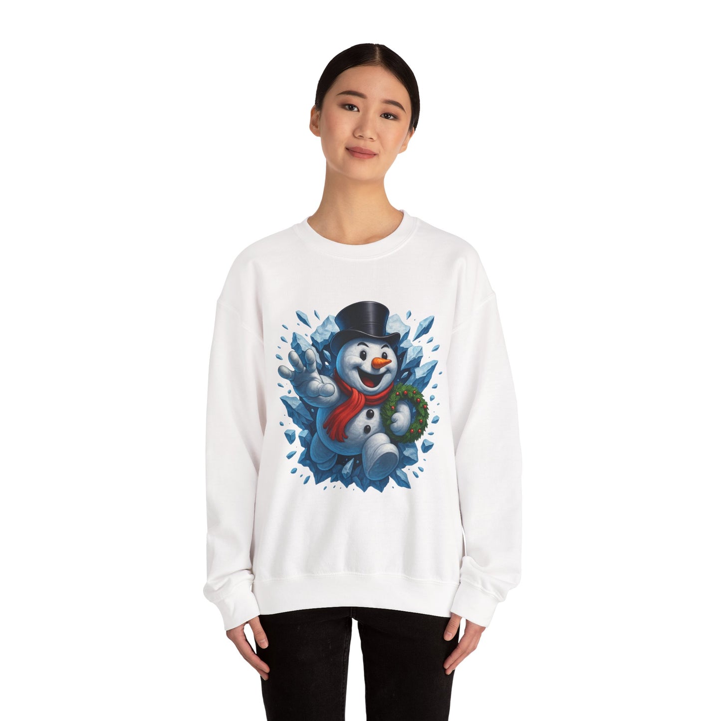 Cheerful Snowman Wreath Crewneck Sweatshirt | Christmas Winter Snowman