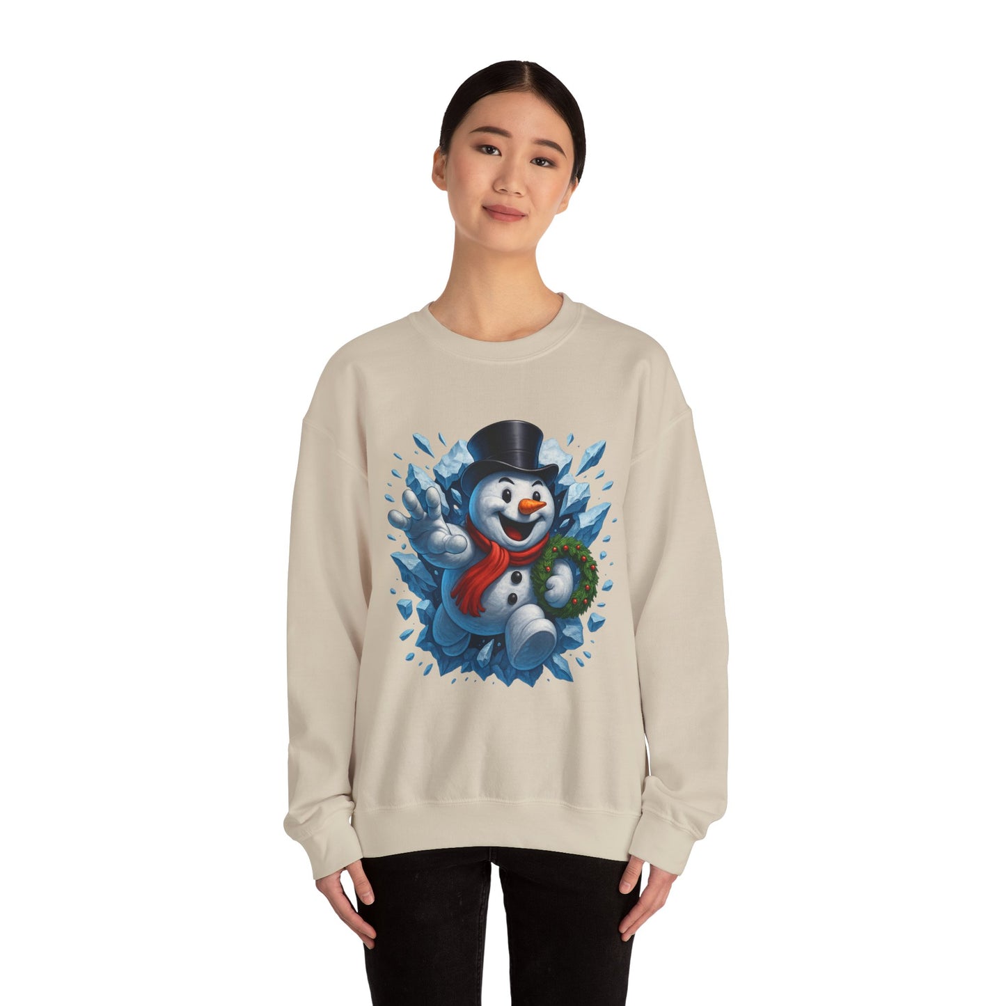 Cheerful Snowman Wreath Crewneck Sweatshirt | Christmas Winter Snowman