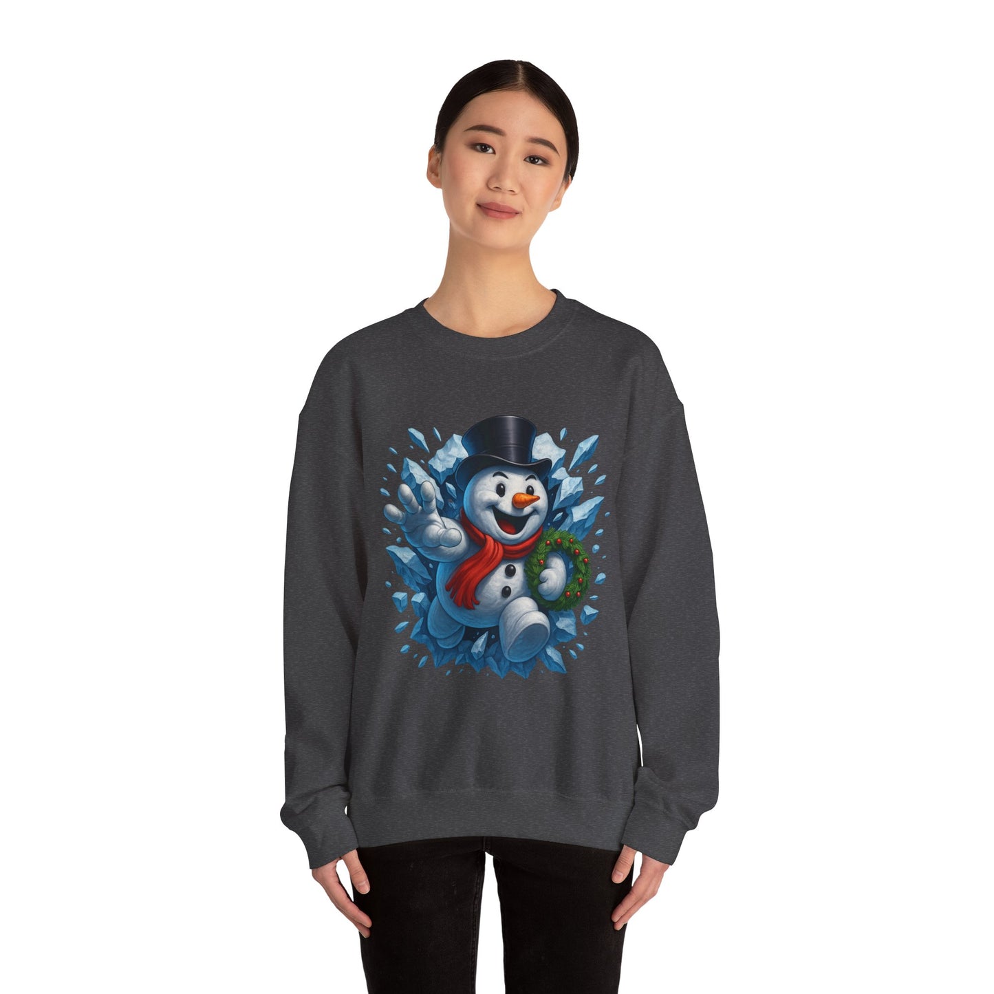 Cheerful Snowman Wreath Crewneck Sweatshirt | Christmas Winter Snowman