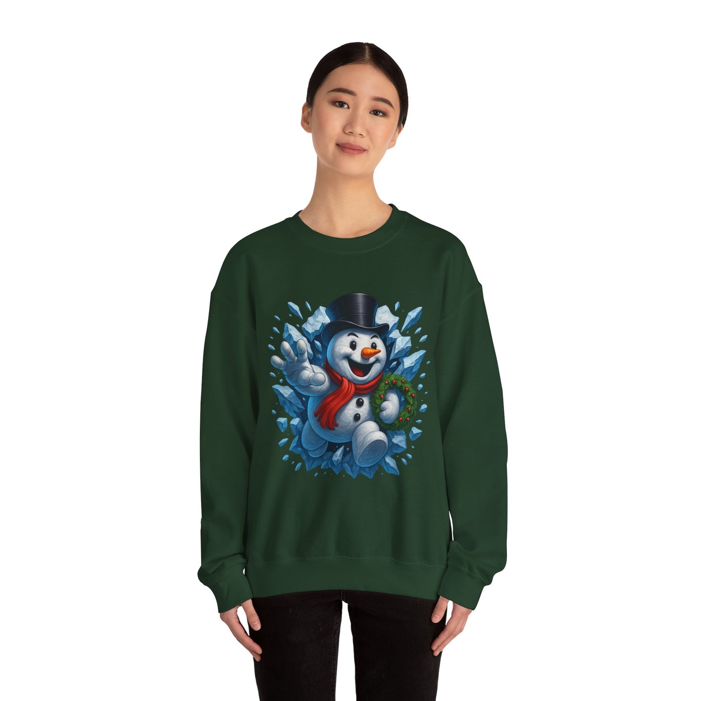 Cheerful Snowman Wreath Crewneck Sweatshirt | Christmas Winter Snowman