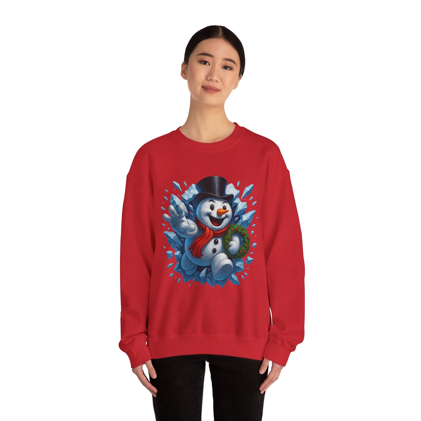 Cheerful Snowman Wreath Crewneck Sweatshirt | Christmas Winter Snowman